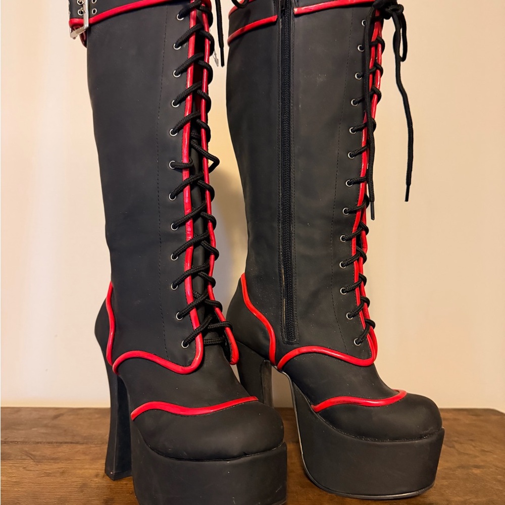Black and Red Lace-Up & Zippered Platform Knee-High Boots